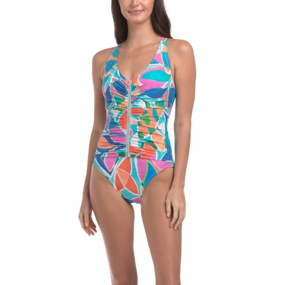 BEYOND CONTROL Teal Zipper Front V-neck Mio One-piece Swimsuit